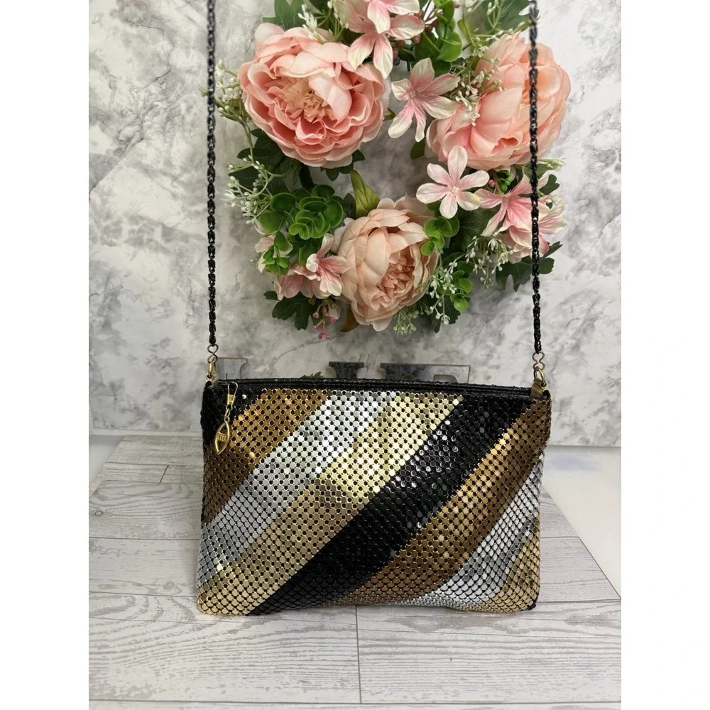 Vintage 70 80s Gold Black Bronze Silver Mesh Stripe Purse Bag Clutch Cross Body